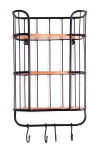 Wandregal mit 4 Haken - 3 Böden aus Mangoholz - Gestell Metall schwarz