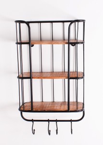 Wandregal mit 4 Haken - 3 Böden aus Mangoholz - Gestell Metall schwarz