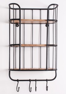 Wandregal mit 4 Haken - 3 Böden aus Mangoholz - Gestell Metall schwarz