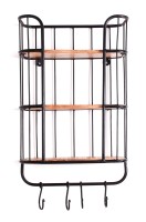 Wandregal mit 4 Haken - 3 Böden aus Mangoholz - Gestell Metall schwarz