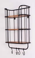 Wandregal mit 4 Haken - 3 Böden aus Mangoholz - Gestell Metall schwarz