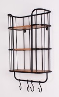Wandregal mit 4 Haken - 3 Böden aus Mangoholz - Gestell Metall schwarz