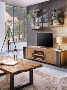 Wandregal mit 3 Böden - Teak-Holz - Gestell Metall schwarz