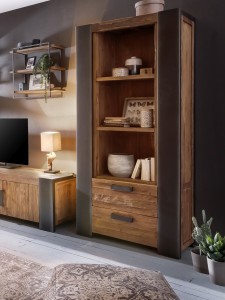Wandregal mit 3 Böden - Teak-Holz - Gestell Metall schwarz