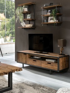Wandregal mit 3 Böden - Teak-Holz - Gestell Metall schwarz
