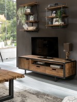 Wandregal mit 3 Böden - Teak-Holz - Gestell Metall schwarz