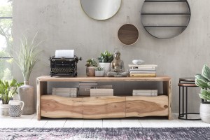 TV-Lowboard aus Akazie natur - mit Baumkante - 3 Schubladen und 1 offenes Fach