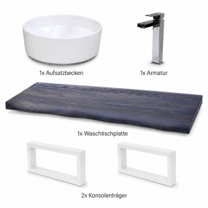 Waschbecken Set 100cm Eiche Baumkante Aufsatzbecken Armatur Weiß Matt