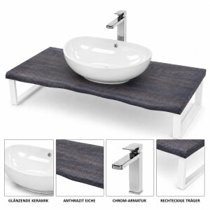 Waschbecken Set 100cm Eiche Baumkante Aufsatzbecken Armatur Weiß Matt