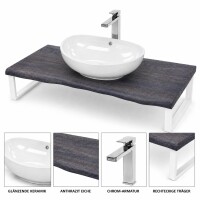 Waschbecken Set 100cm Eiche Baumkante Aufsatzbecken Armatur Weiß Matt