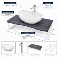 Waschbecken Set 100cm Eiche Baumkante Aufsatzbecken Armatur Weiß Matt